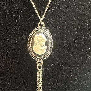 260- Vintage-Inspired Silver Cameo Pendant Necklace with Tassel 24”
